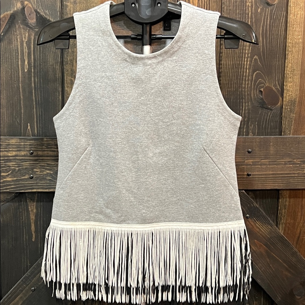 J. Crew Fringe Top S Grey White Boho Sleeveless Thick‎ Stretch Preppy Neutral
